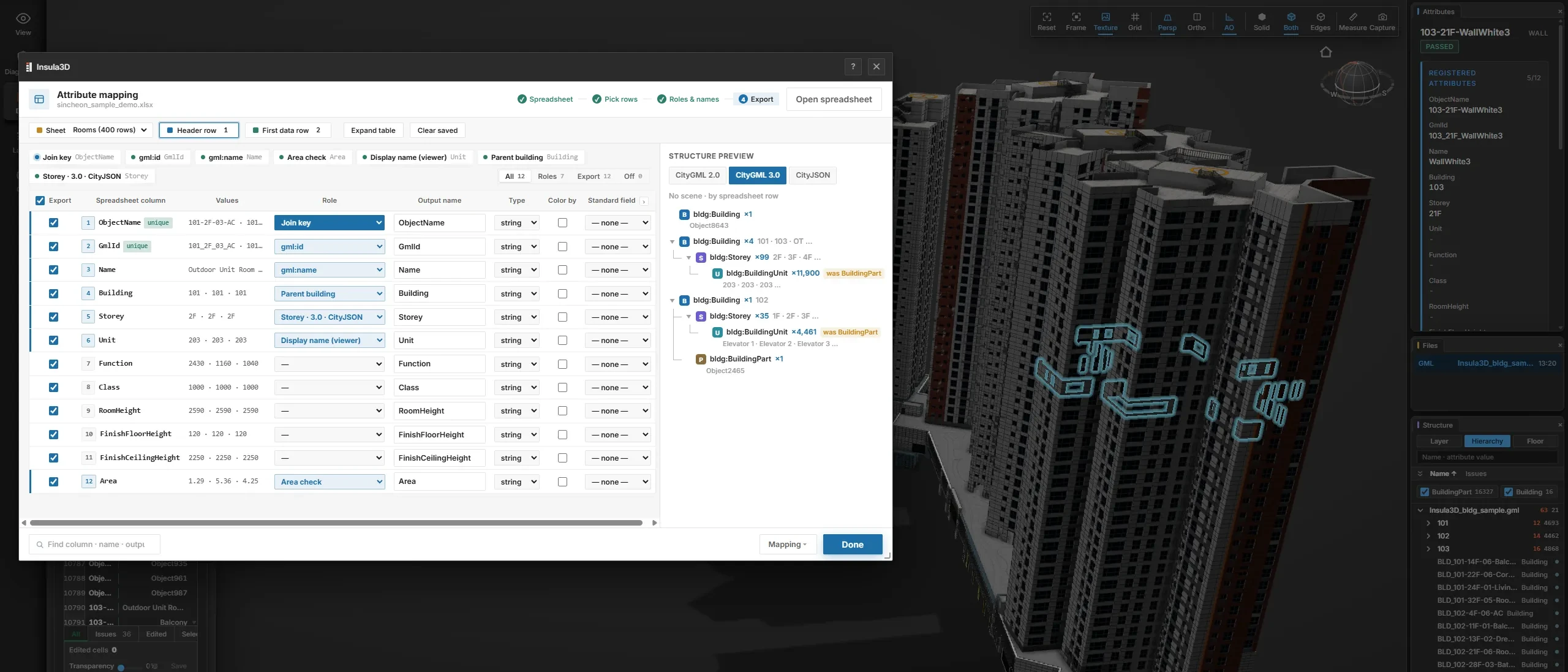 Insula3D viewer with the attribute mapping window open over a residential tower model: spreadsheet columns with roles such as join key, gml:id, storey and parent building, a structure preview of the CityGML 3.0 tree, and the model's attributes and hierarchy in the side panels.