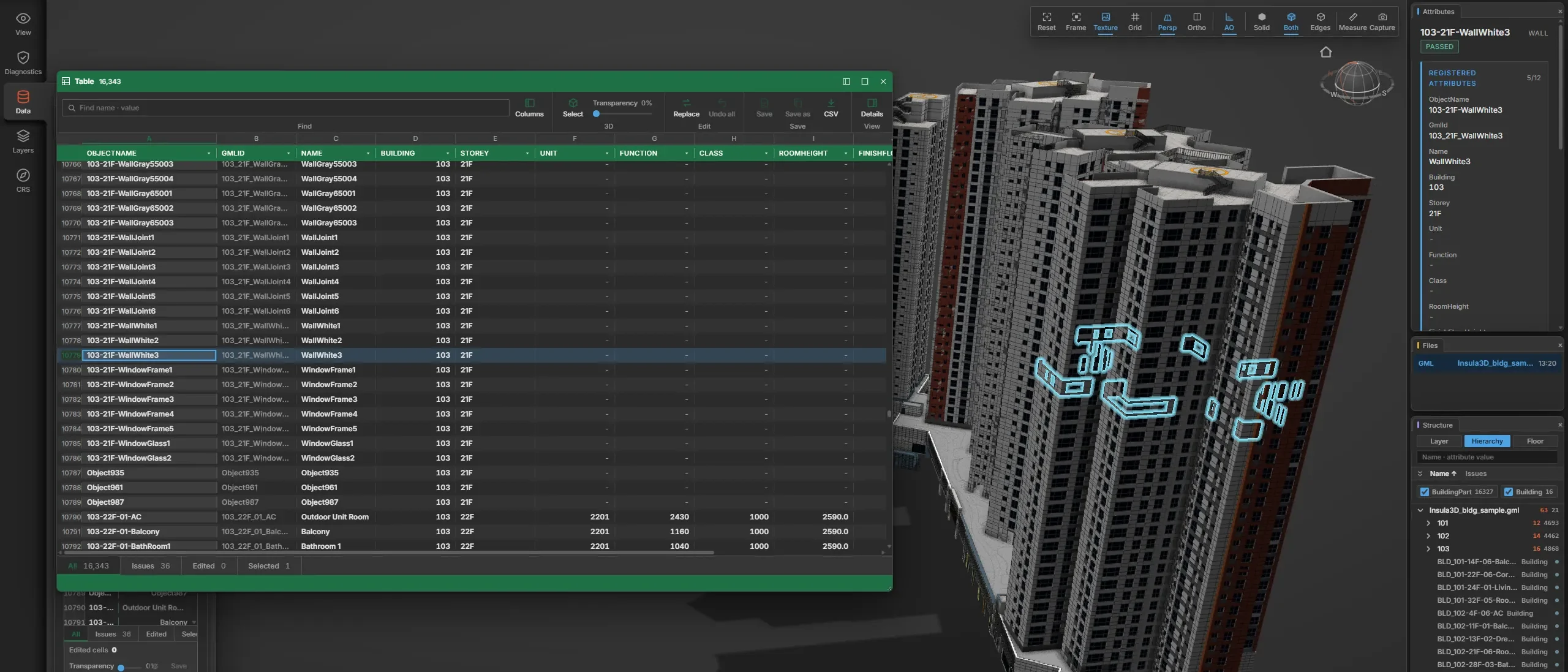 Insula3D attribute table with 16,343 rows next to the 3D model; the selected row's wall pieces are highlighted on the tower and its attributes show in the side panel.