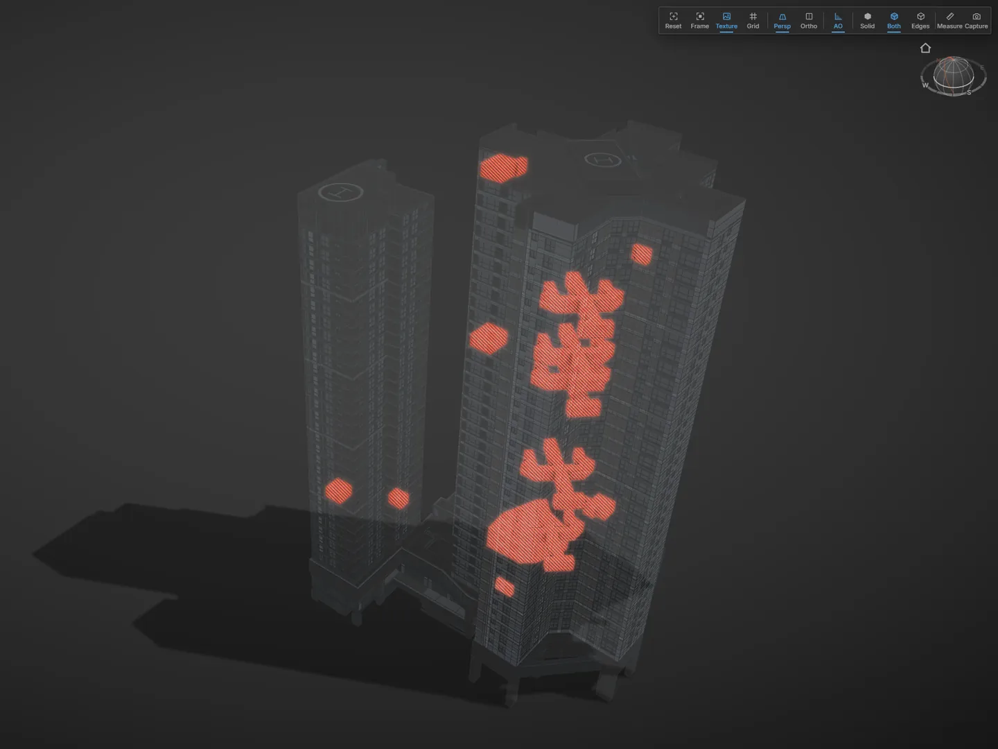 Insula3D viewer in X-ray view: two towers with the objects that failed highlighted in orange