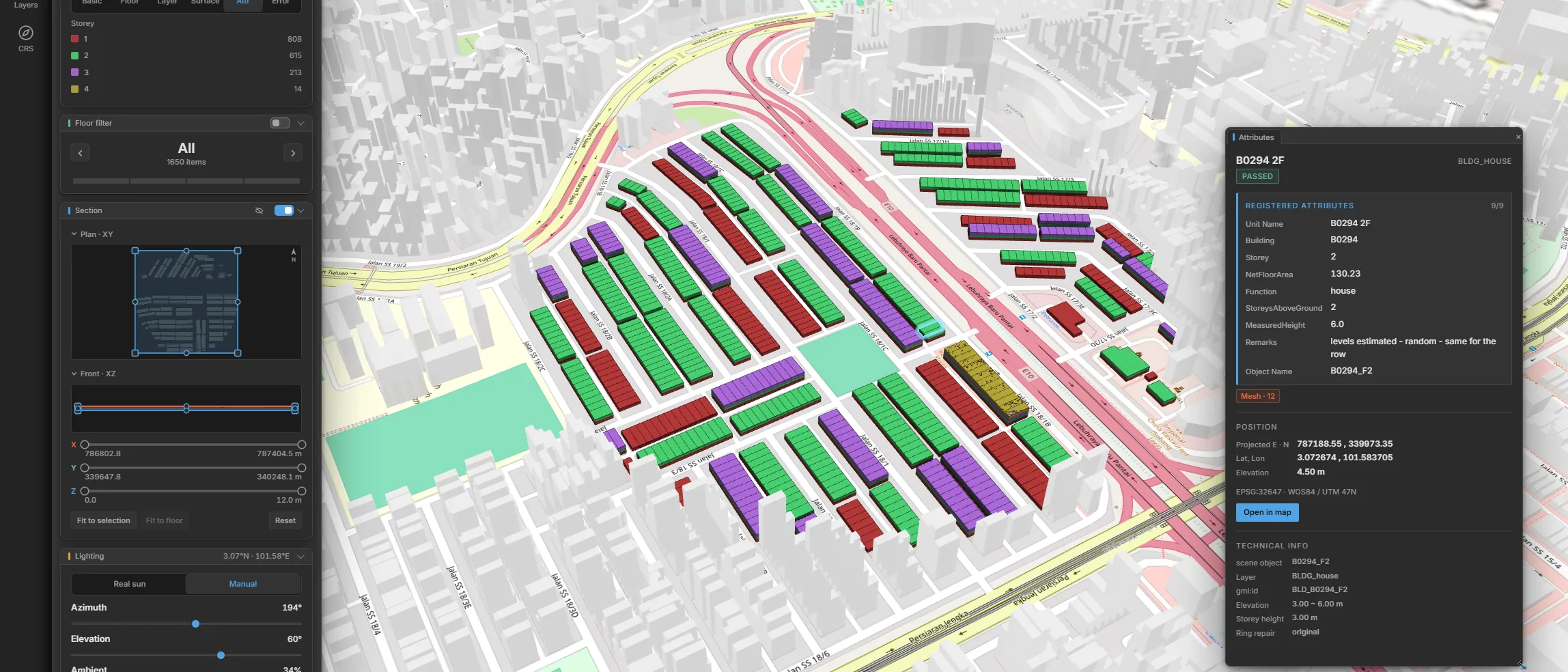 Insula3D viewer with a sample district in Subang Jaya, Malaysia, placed on a street map among gray context buildings and colored by storey. The attributes panel shows the selected building's coordinates in UTM and in latitude and longitude.